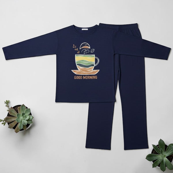 Good Morning Printed Pajama Set Navy Blue - Flat Lay View
