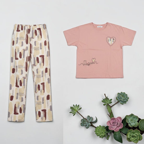 Sweet Escape Co-ord Set - Blush pink heart embroidery tee with abstract print trousers