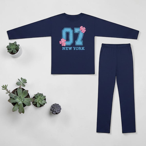 07 New York Printed Pajama Set Navy Blue - Flat Lay View