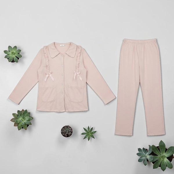 Italian Blush Bow PJ Set - flat lay showing blush top with satin bows and matching trousers