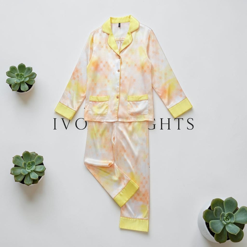 Houndstooth printed satin pyjama set by Ivory Nights - front view