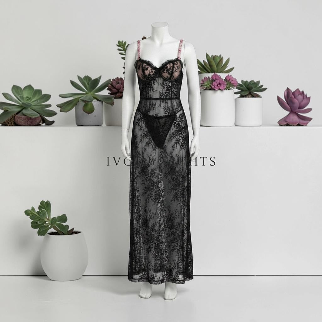 Black Floral Lace Floor-Length Nightgown