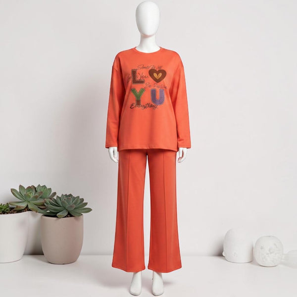 LO YU Printed Pajama Set Coral Orange - Mannequin View