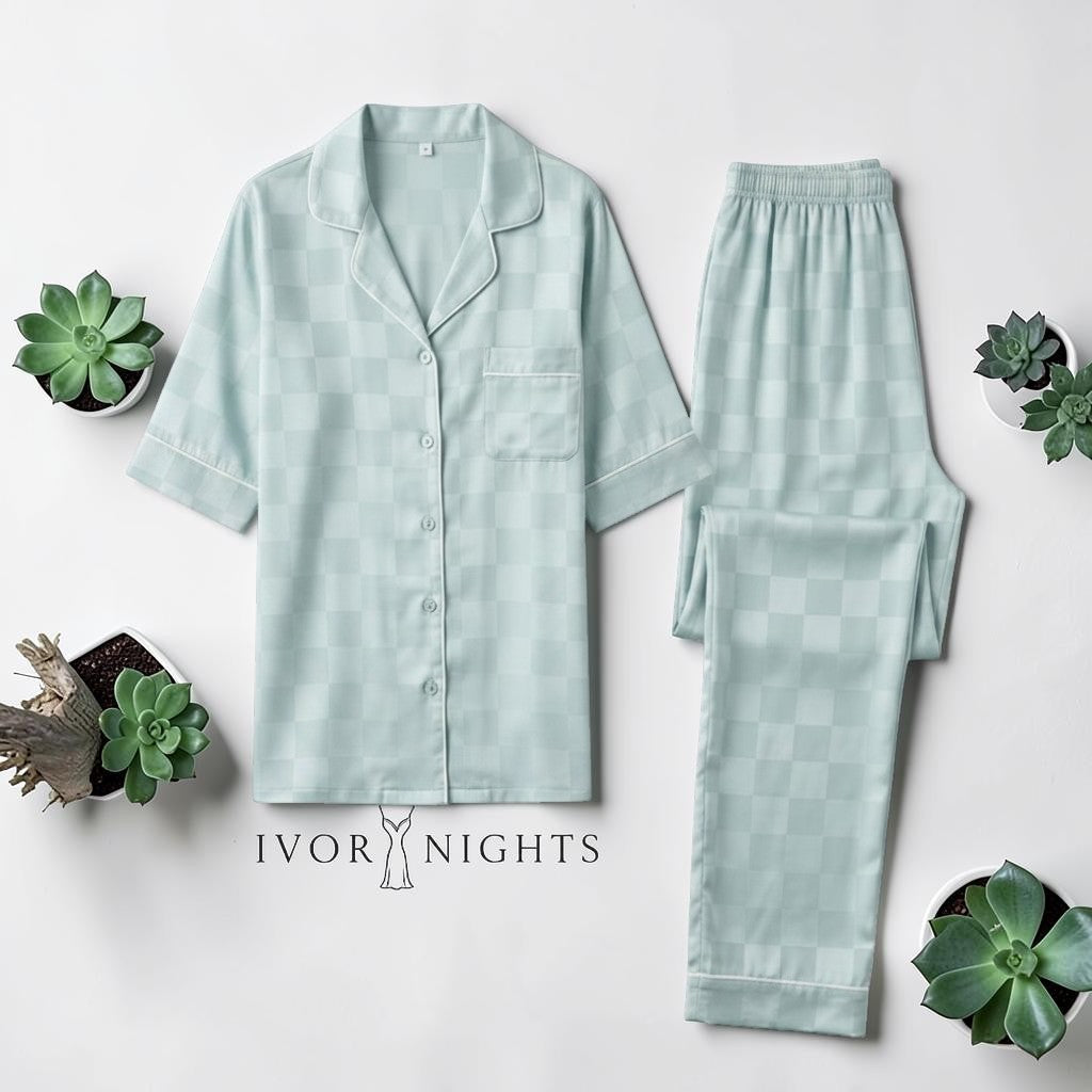 Mint Green Satin Checkered Pajama Set
