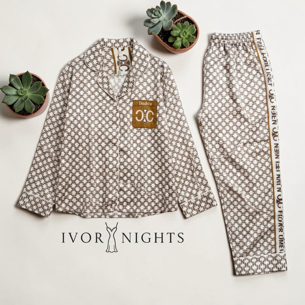 Double C monogram houndstooth satin pyjama set by Ivory Nights - front view