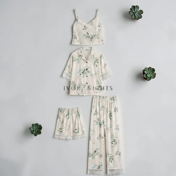 All 4 pieces of satin sleepwear set flat lay - Ivory Nights