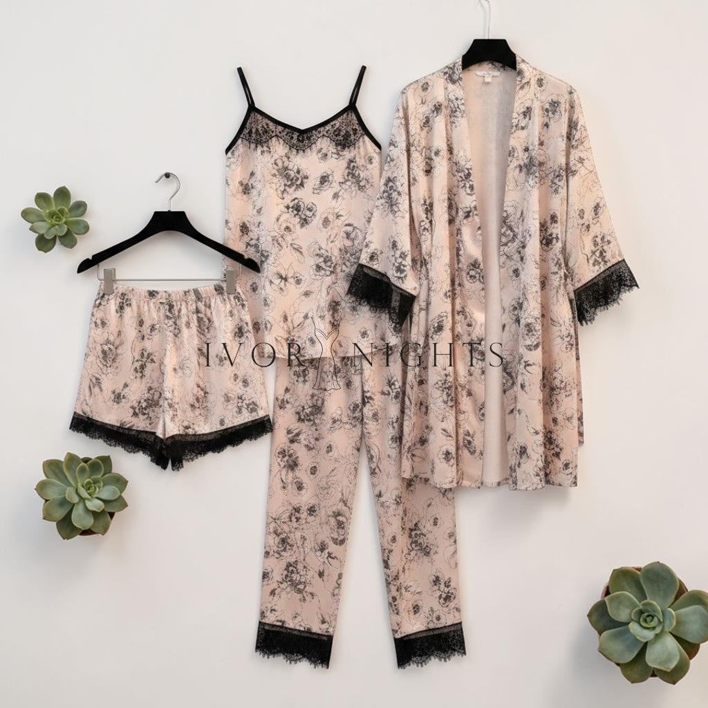 Floral Satin 4-Piece Robe Set