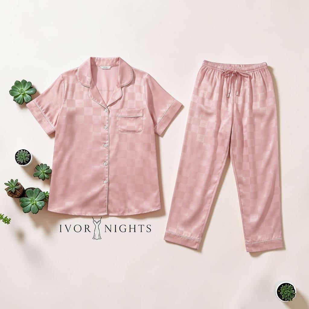 Pink Satin Checkered Pajama Set