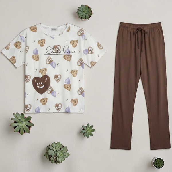 Sweet Escape Co-ord Set Chocolate - flat lay showing Charlie Croc bear heart print tee and chocolate brown trousers