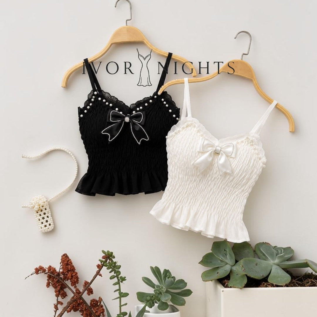 Ivory Nights pearl and bow embellished cami top in black and white