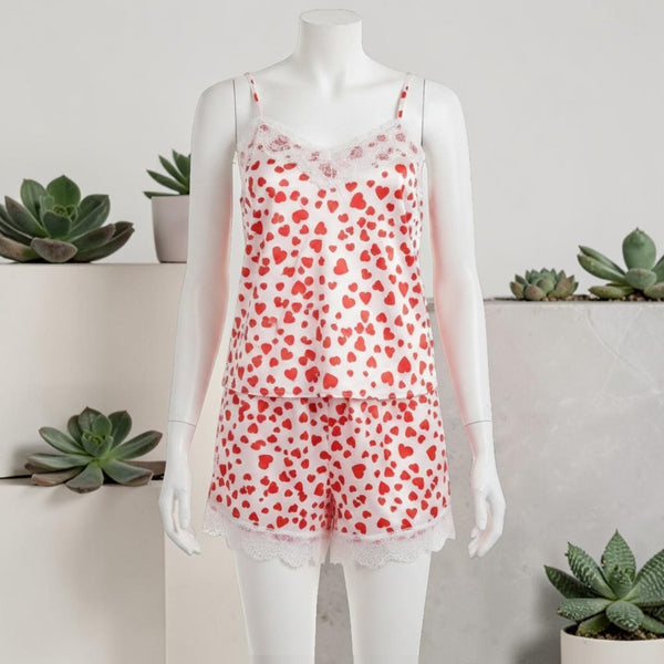 Strawberry Heart Print Pajama Set - Red Heart