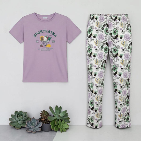 Sweet Escape Co-ord Set - Lilac varsity graphic tee with floral print trousers