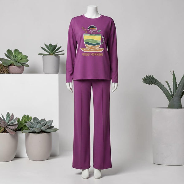 Good Morning Printed Pajama Set Purple - Mannequin View