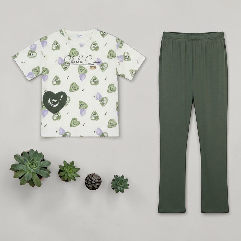 Sweet Escape Co-ord Set Olive - flat lay showing Charlie Croc green bear heart print tee and olive green trousers
