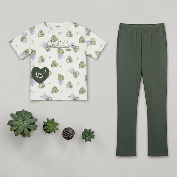Sweet Escape Co-ord Set Olive - flat lay showing Charlie Croc green bear heart print tee and olive green trousers