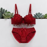 Floral Lace Lingerie Set - Crimson Red