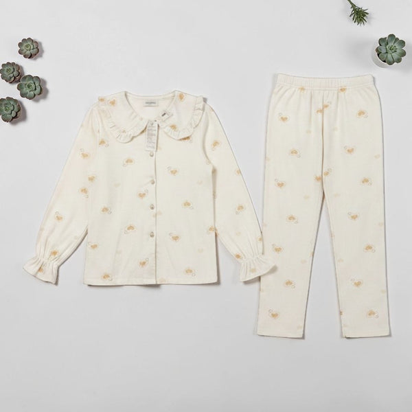 Korean Gold Heart PJ Set - flat lay showing ivory top with gold heart print and matching trousers