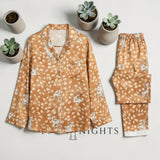 Fawn spot deer print satin pyjama set by Ivory Nights - flat lay front