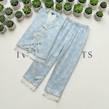 Blue crane print lace trim pyjama set by Ivory Nights - detail view