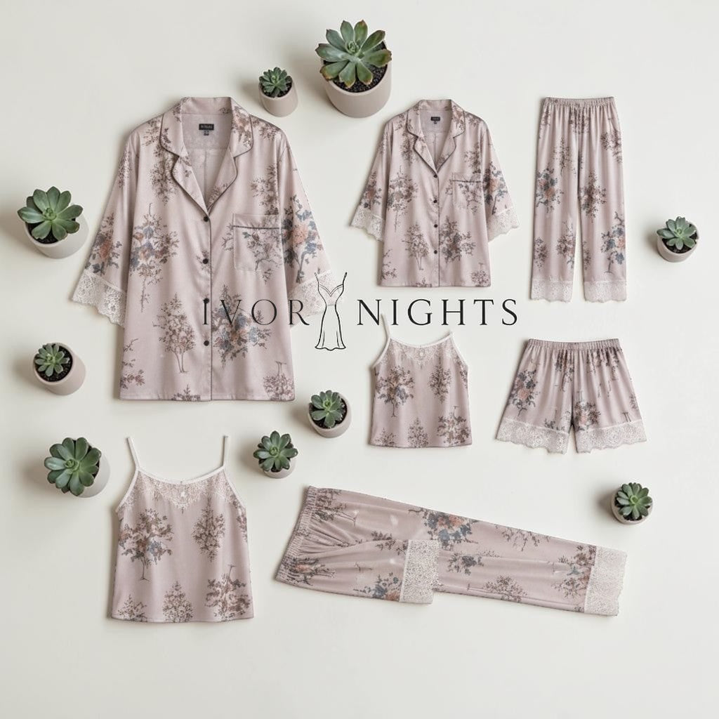 Lavender Floral Satin 7-Piece Pajama Set