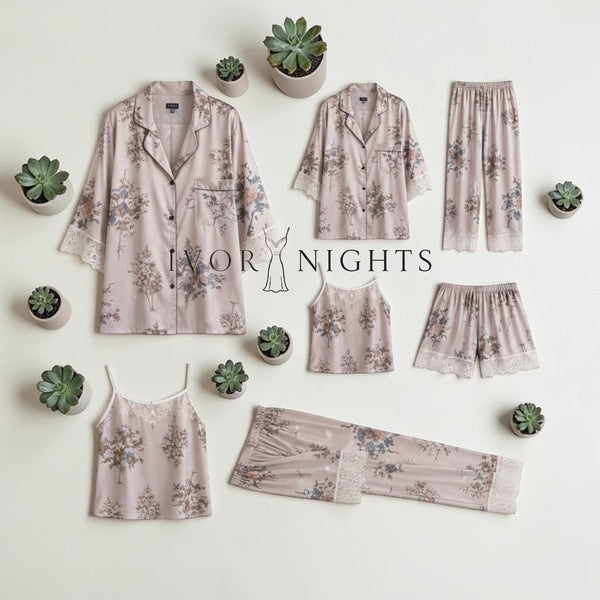 Lavender Floral Satin 7-Piece Pajama Set