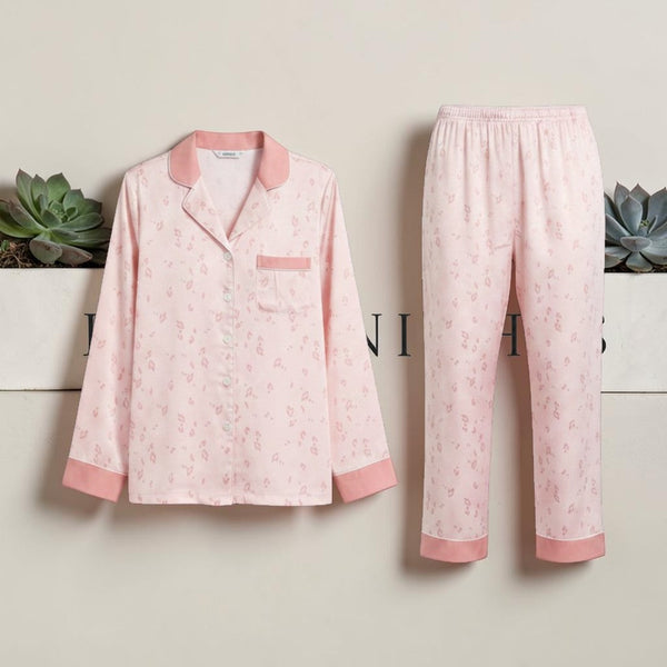 Pink floral print satin pyjama set by Ivory Nights - flat lay front