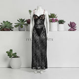 Black Floral Lace Floor-Length Nightgown