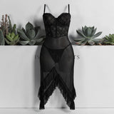 Black Sheer Mesh Lace Corset Ruffle Hem Chemise