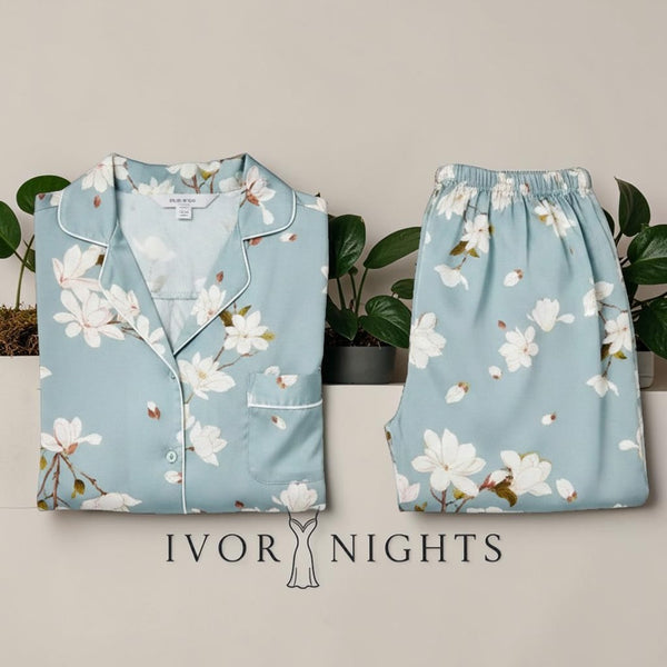 Sage magnolia blossom satin pyjama set by Ivory Nights - long sleeve folded