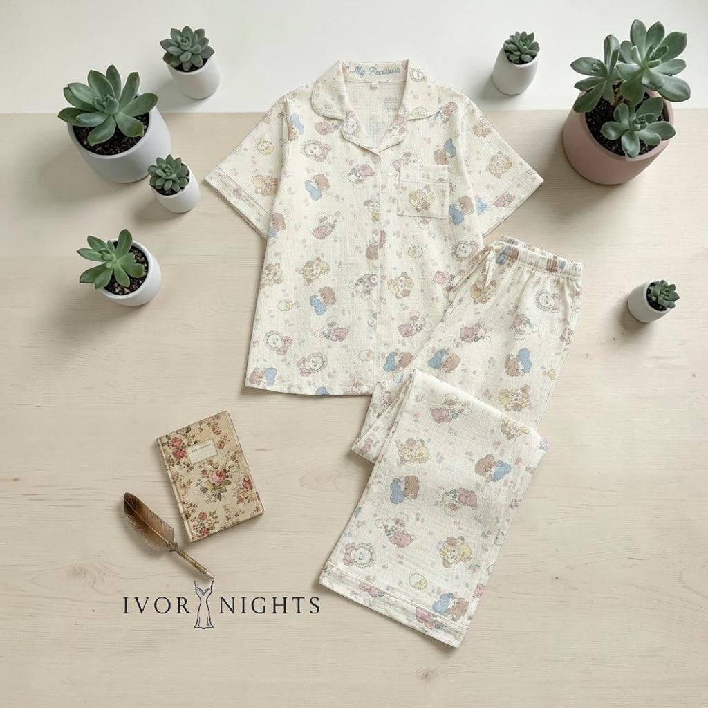 Cartoon Print Silk Pajama Set