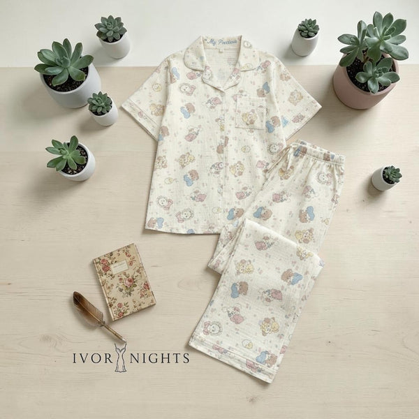 Cartoon Print Silk Pajama Set
