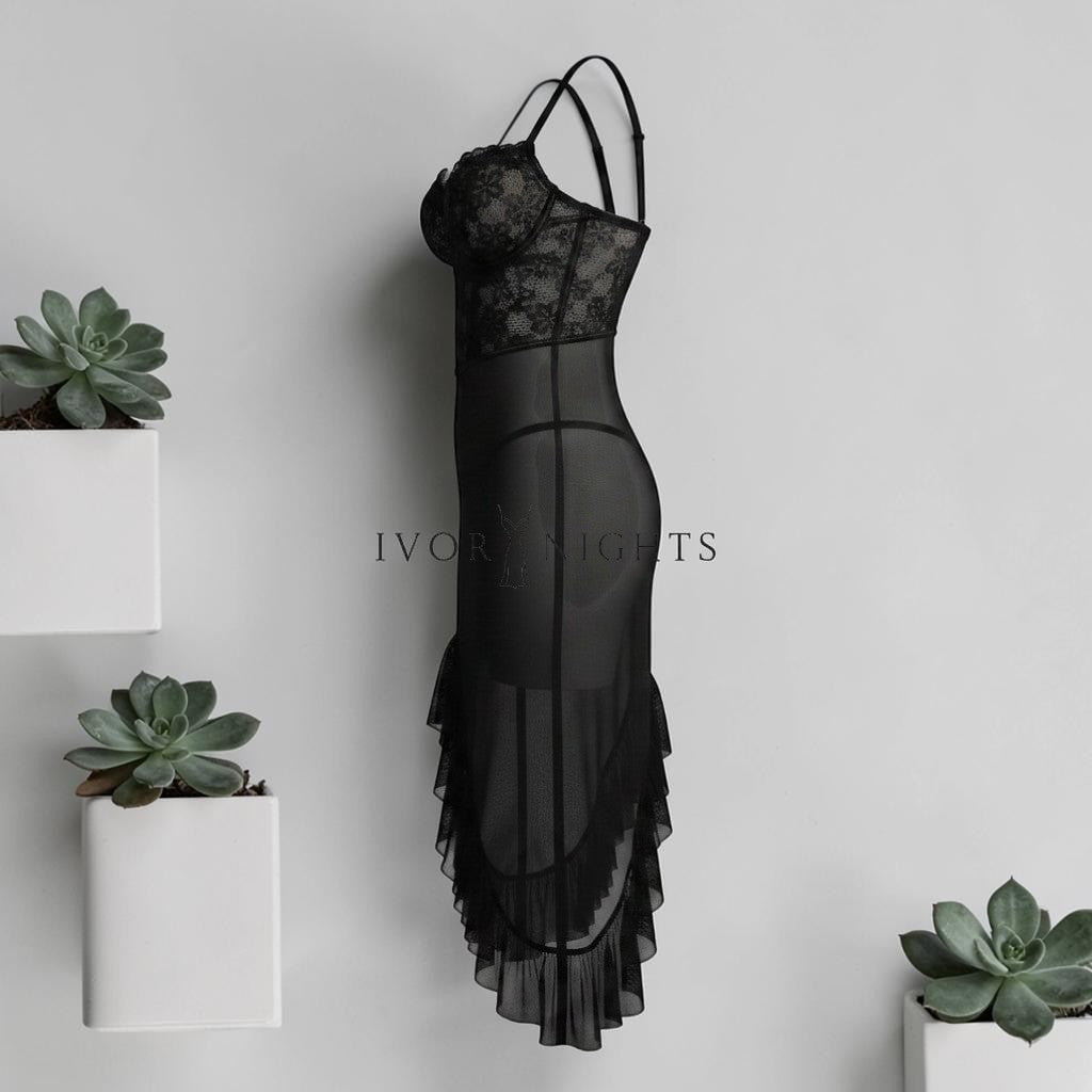 Black Sheer Mesh Lace Corset Ruffle Hem Chemise