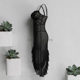 Black Sheer Mesh Lace Corset Ruffle Hem Chemise