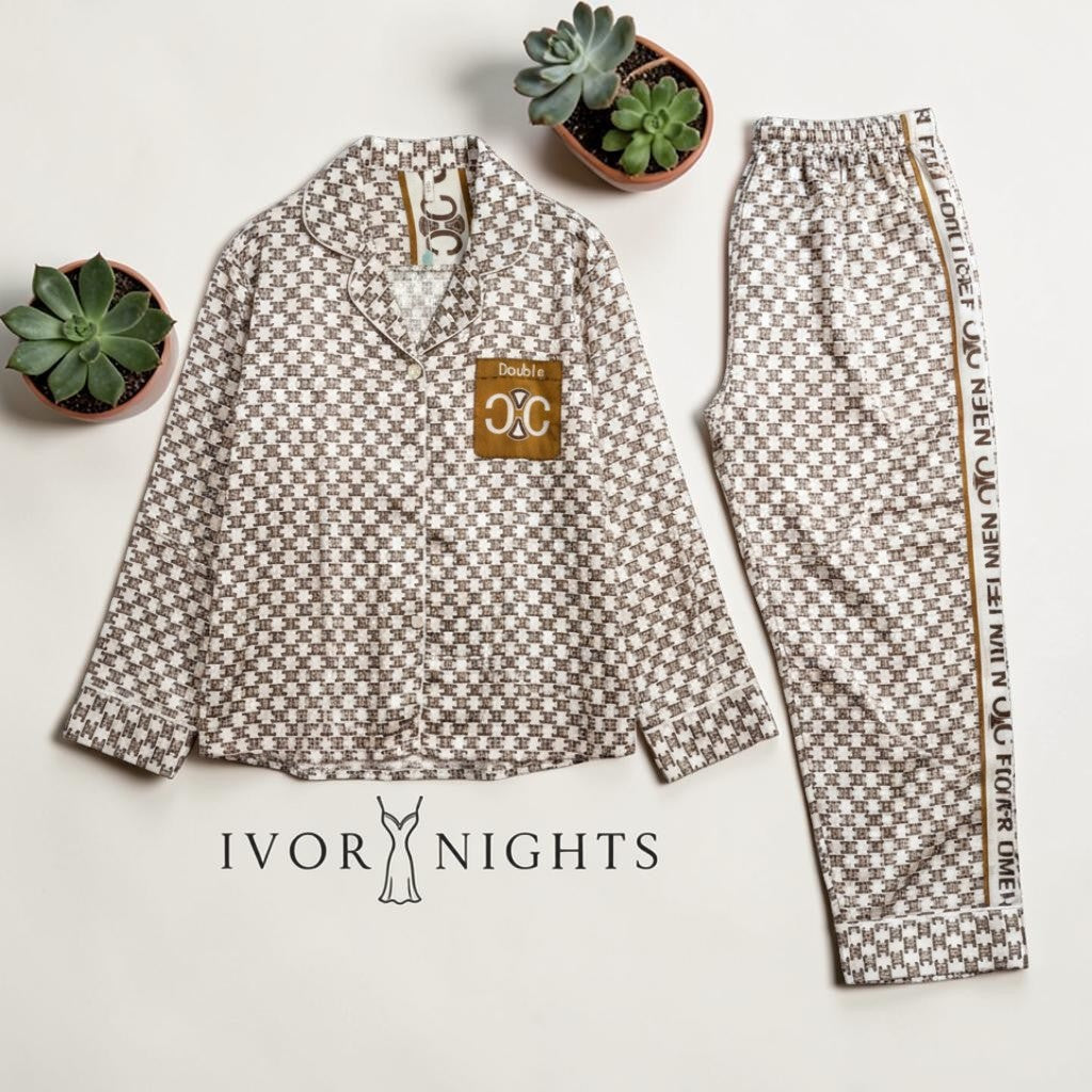 Double C monogram houndstooth satin pyjama set by Ivory Nights - front view