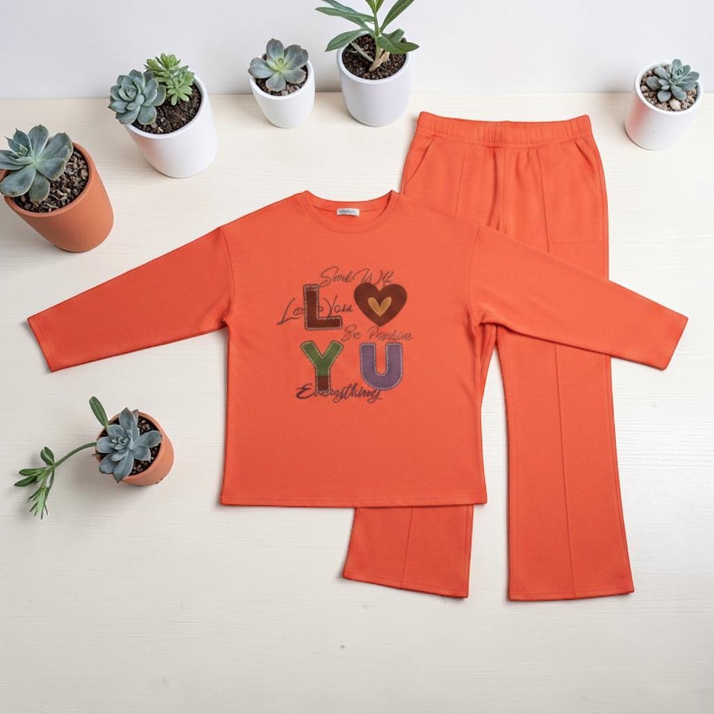 LO YU Printed Pajama Set Coral Orange - Flat Lay View