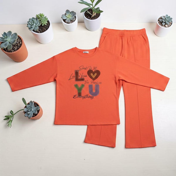 LO YU Printed Pajama Set Coral Orange - Flat Lay View