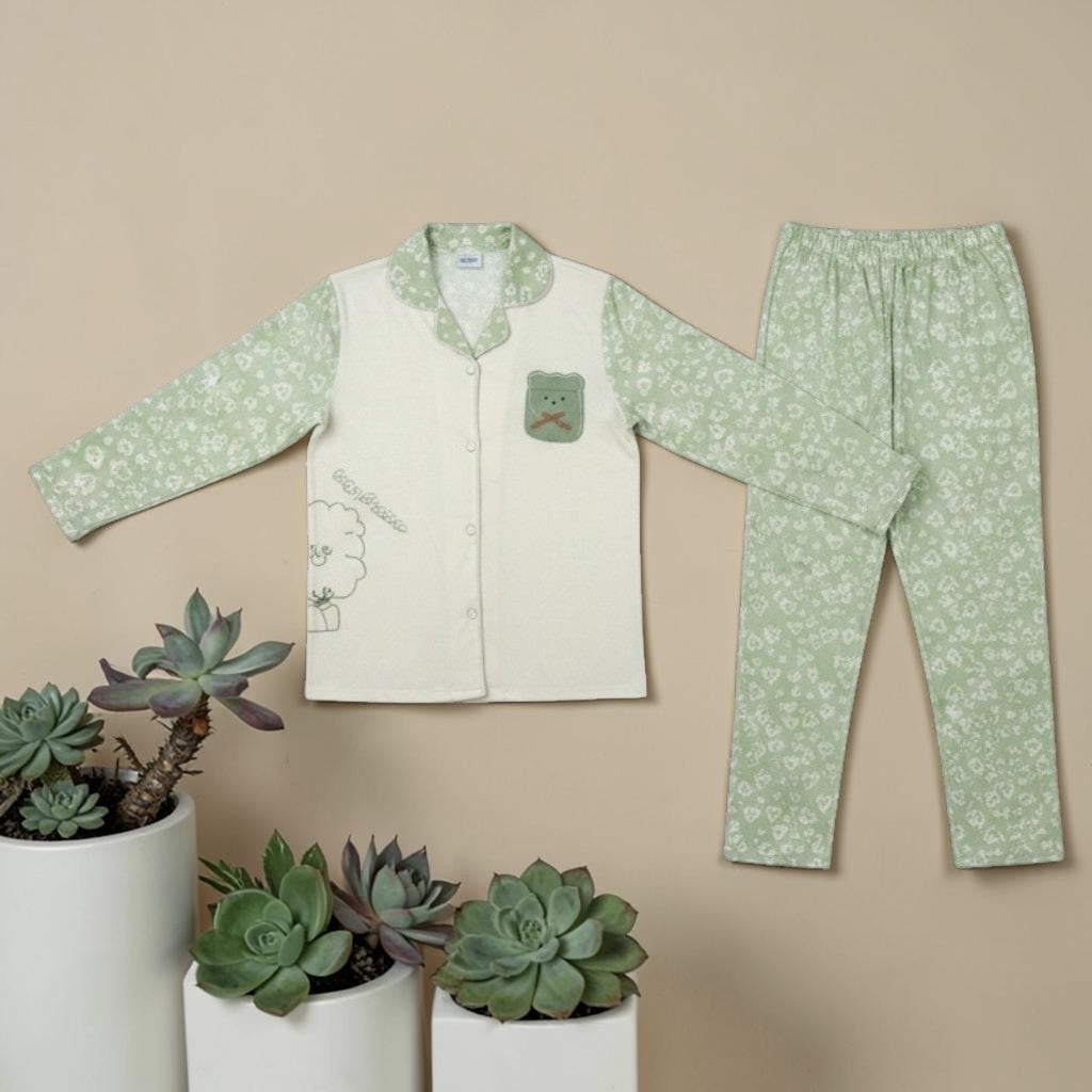 Sage Bear Print PJ Set - flat lay showing cream top with sage floral sleeves and matching trousers