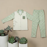 Sage Bear Print PJ Set - flat lay showing cream top with sage floral sleeves and matching trousers