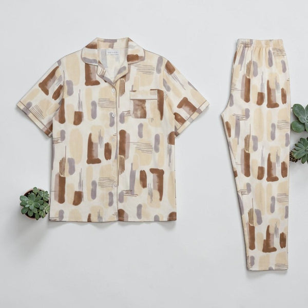 Brushstroke Print PJ Set - flat lay showing cream abstract print button-down shirt and matching trousers
