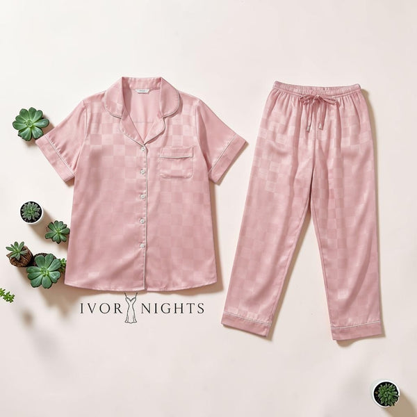 Pink Satin Checkered Pajama Set