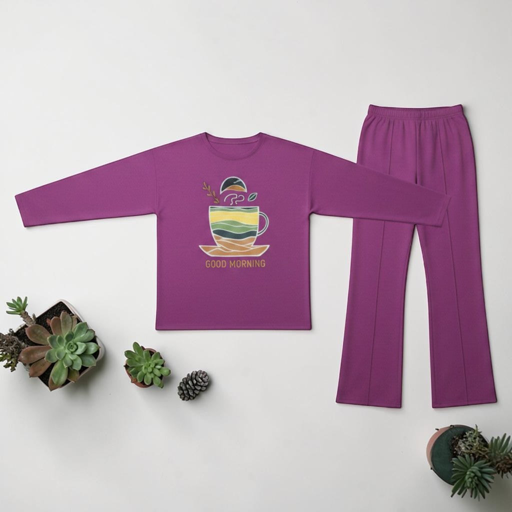Good Morning Printed Pajama Set Purple - Flat Lay View
