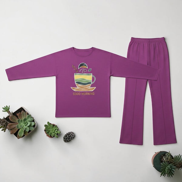 Good Morning Printed Pajama Set Purple - Flat Lay View