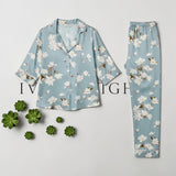 Sage magnolia blossom satin pyjama set by Ivory Nights - short sleeve flat lay