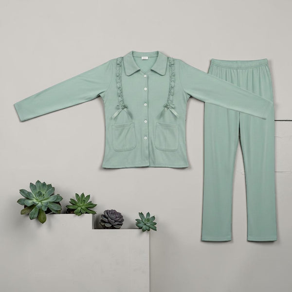 Italian Sage Bow PJ Set - flat lay showing sage green top with ruffle and bow detail and matching trousers