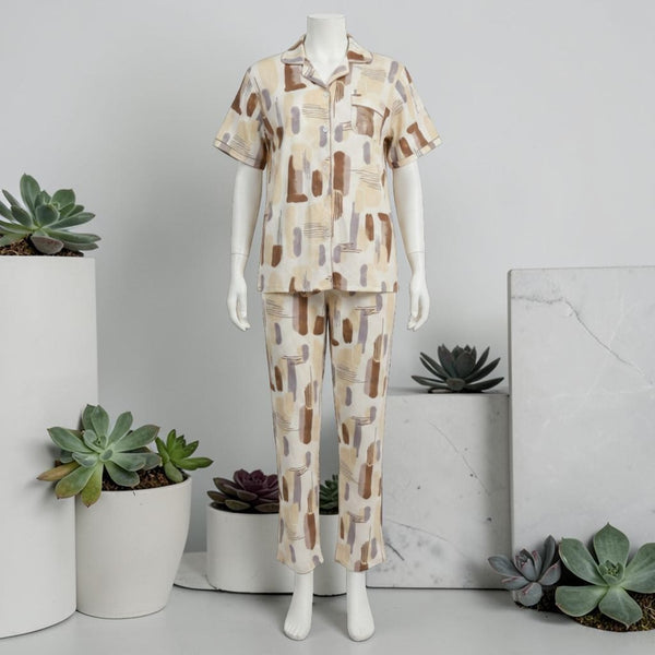 Brushstroke Print PJ Set - mannequin front view showing full cream brushstroke print set