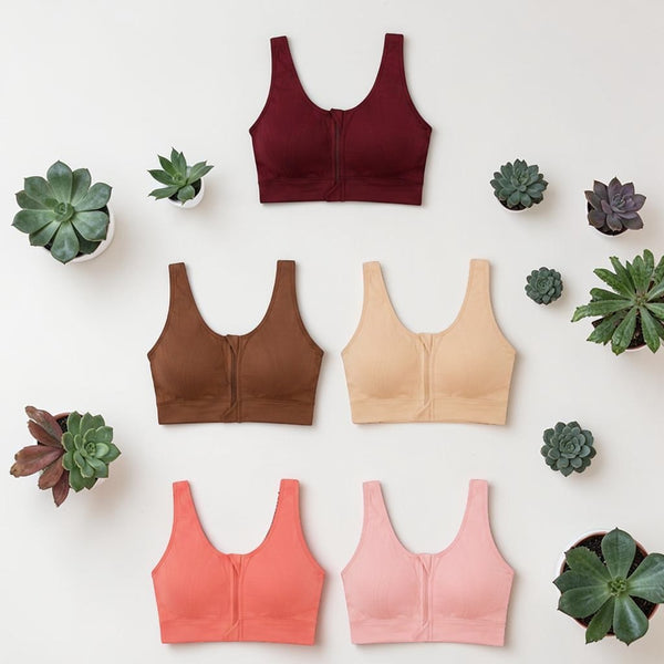 Front zip cotton comfort bra in dusty pink on mannequin