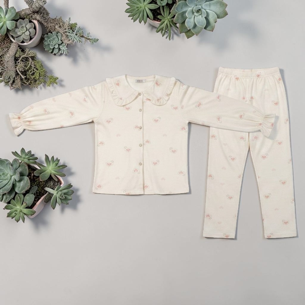 Korean Soft Heart PJ Set - flat lay showing ivory top with pink heart print and matching trousers