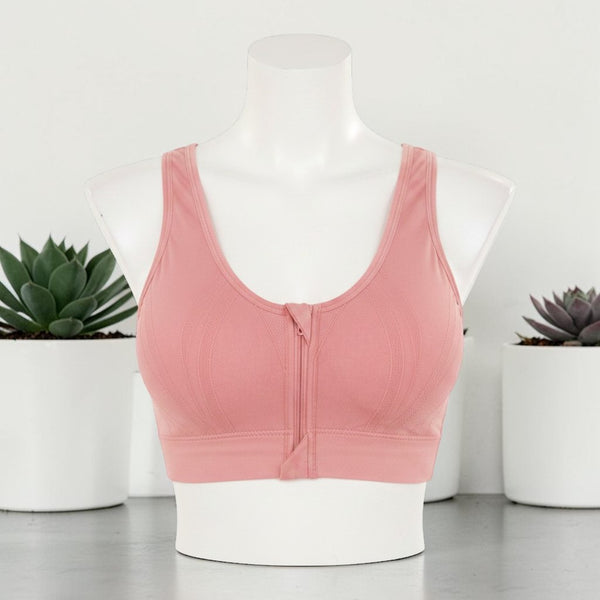 Front zip cotton bra available in 5 colors - maroon, brown, nude, coral, pink flat lay