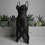 Black Sheer Mesh Lace Corset Ruffle Hem Chemise