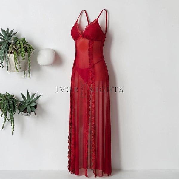 Red Sheer Mesh Lace Bust Floor-Length Nightgown